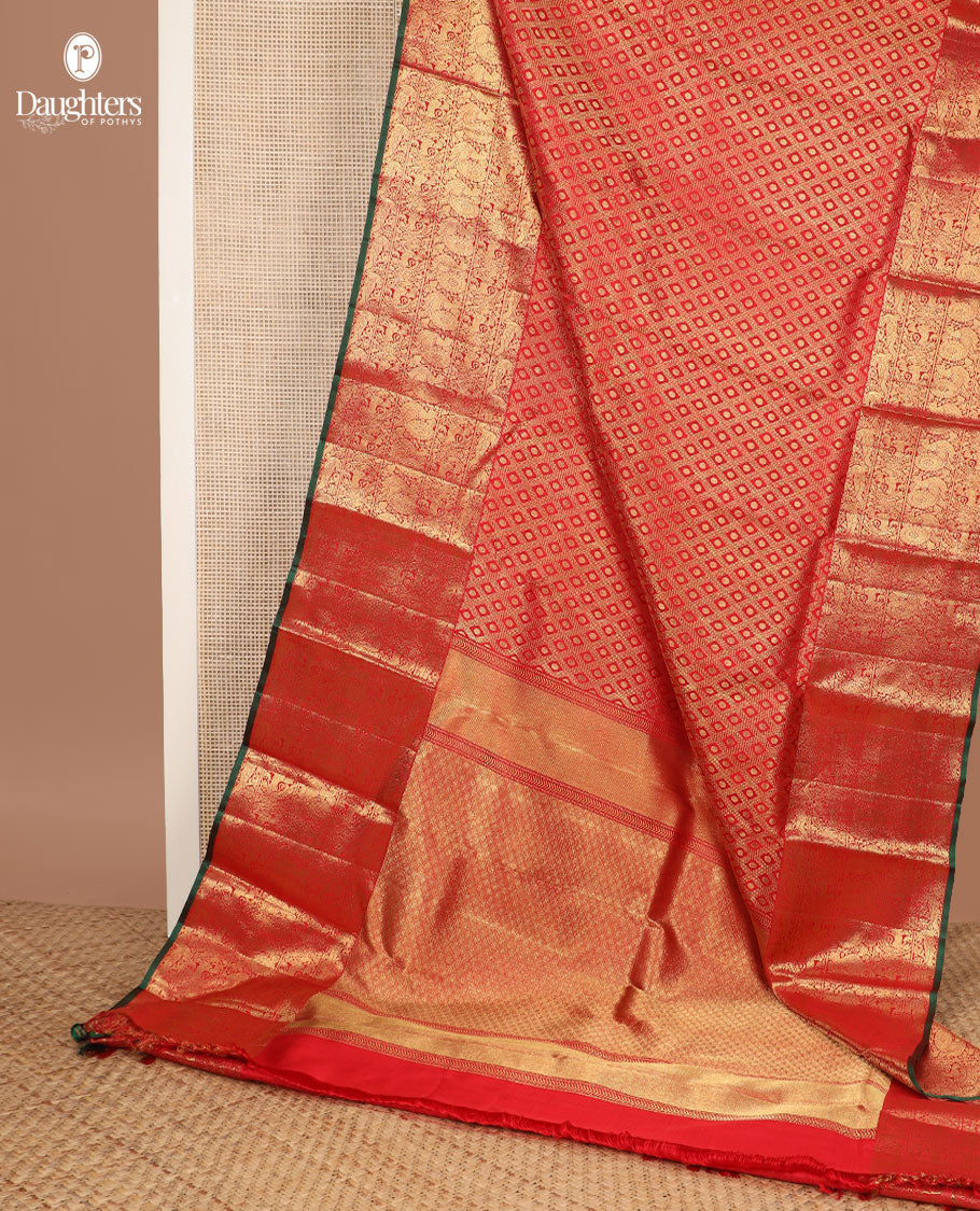 Red Jacquard Kanchipuram silk saree, zari border of round annam, round yaali & kili design & zari-rich grand pallu