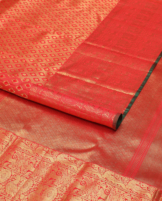 Red Jacquard Kanchipuram silk saree, zari border of round annam, round yaali & kili design & zari-rich grand  pallu
