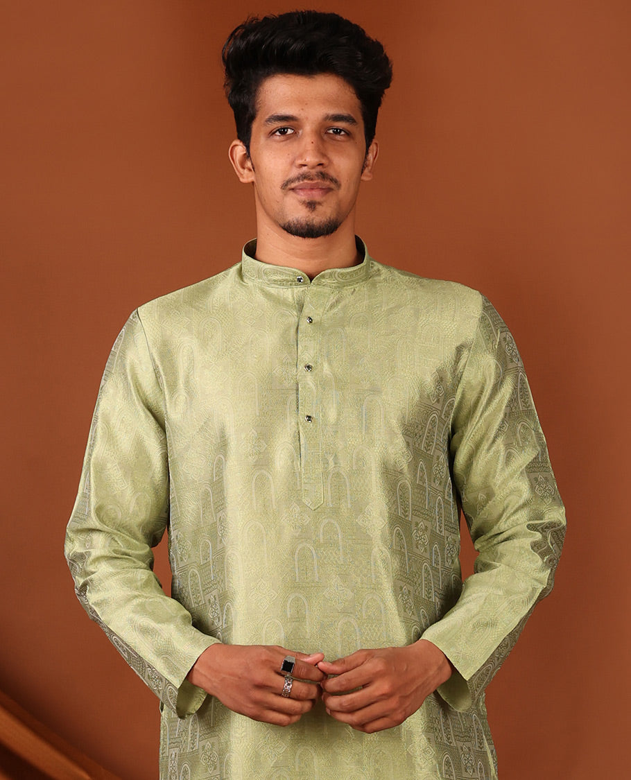 Green Mughal-Style Arches Embossed Full-Sleeved Men's Kurta