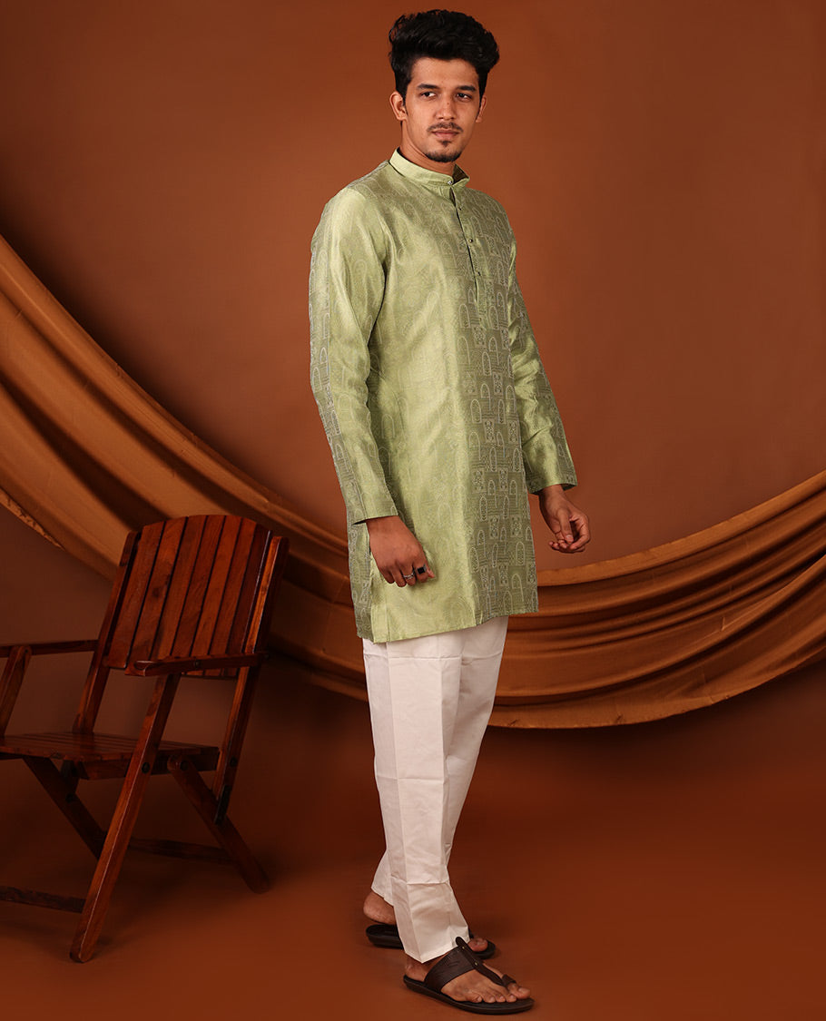 Green Mughal-Style Arches Embossed Full-Sleeved Men's Kurta