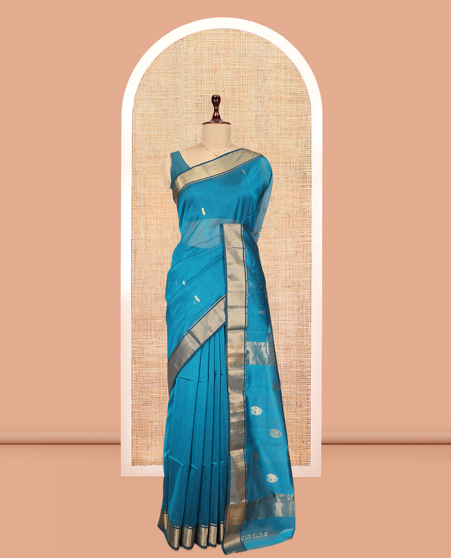 Blue Maheshwari Cotton Saree, Crafted with Zari Buttas, a Traditional Zari Border, Pallu of Paisleys, and a Matching Blouse