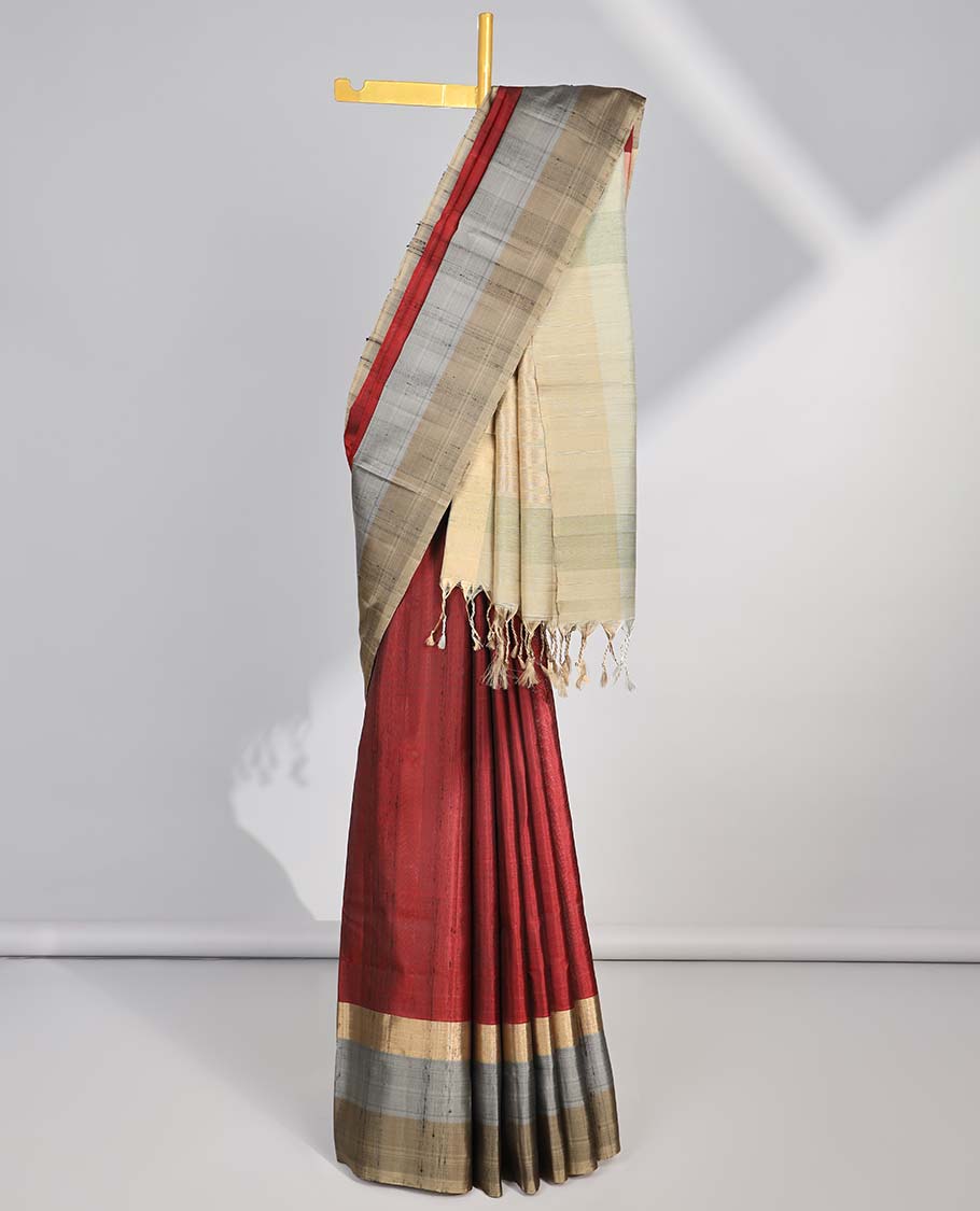 Brown striped soft silk saree contrast striped border & temple zari design pallu