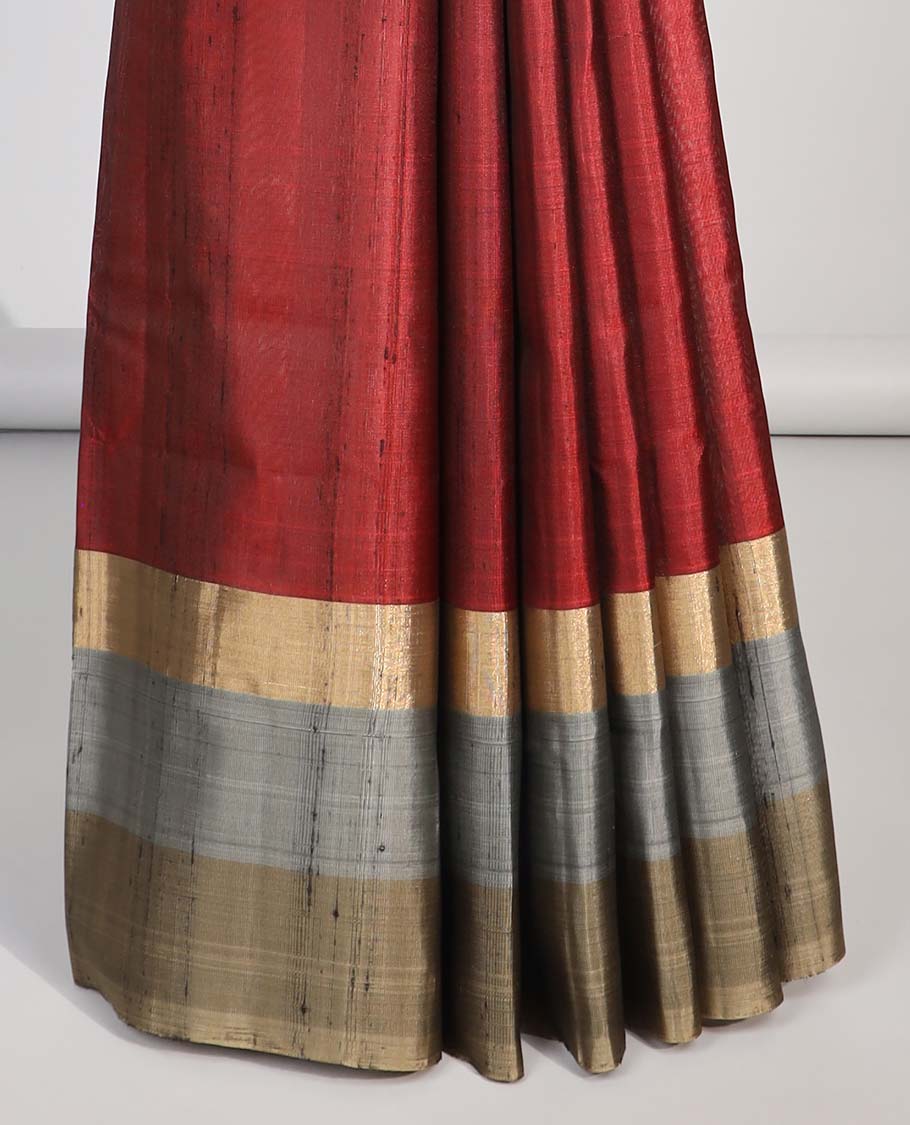Brown striped soft silk saree contrast striped border & temple zari design pallu