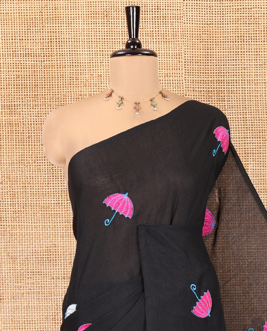Borderless Black Khadi Cotton Saree, Delicately Woven with Umbrella Motifs, Thread Embroidered on Its Body, a Self-Pallu, and Paired with a Matching Blouse
