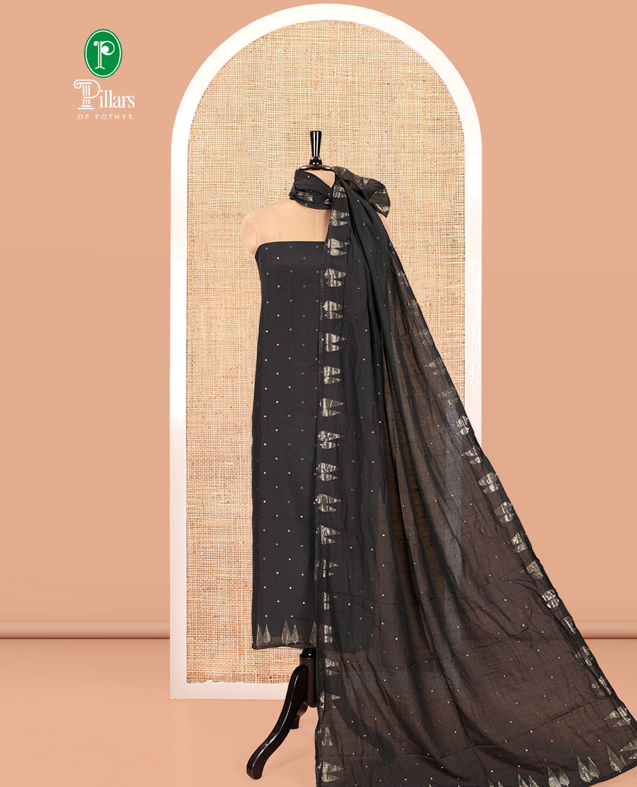 Black Semi-Silk Material Chudidar Set, Subtly Sparkled with Buttas on Its Top, a Plain Bottom, and Paired with a Semi-Silk Zari Buttas and Pine-Tree Dupatta