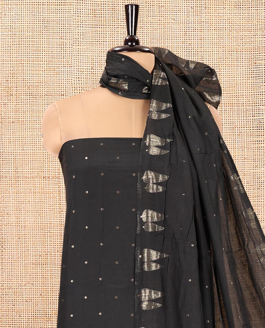 Black Semi-Silk Material Chudidar Set, Subtly Sparkled with Buttas on Its Top, a Plain Bottom, and Paired with a Semi-Silk Zari Buttas and Pine-Tree Dupatta