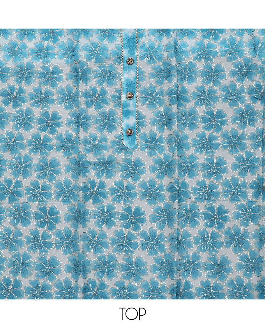 Sky blue material chudidar set, floral print with sequins embroidery top, plain bottom, and paisley vine sequins embroidered dupatta