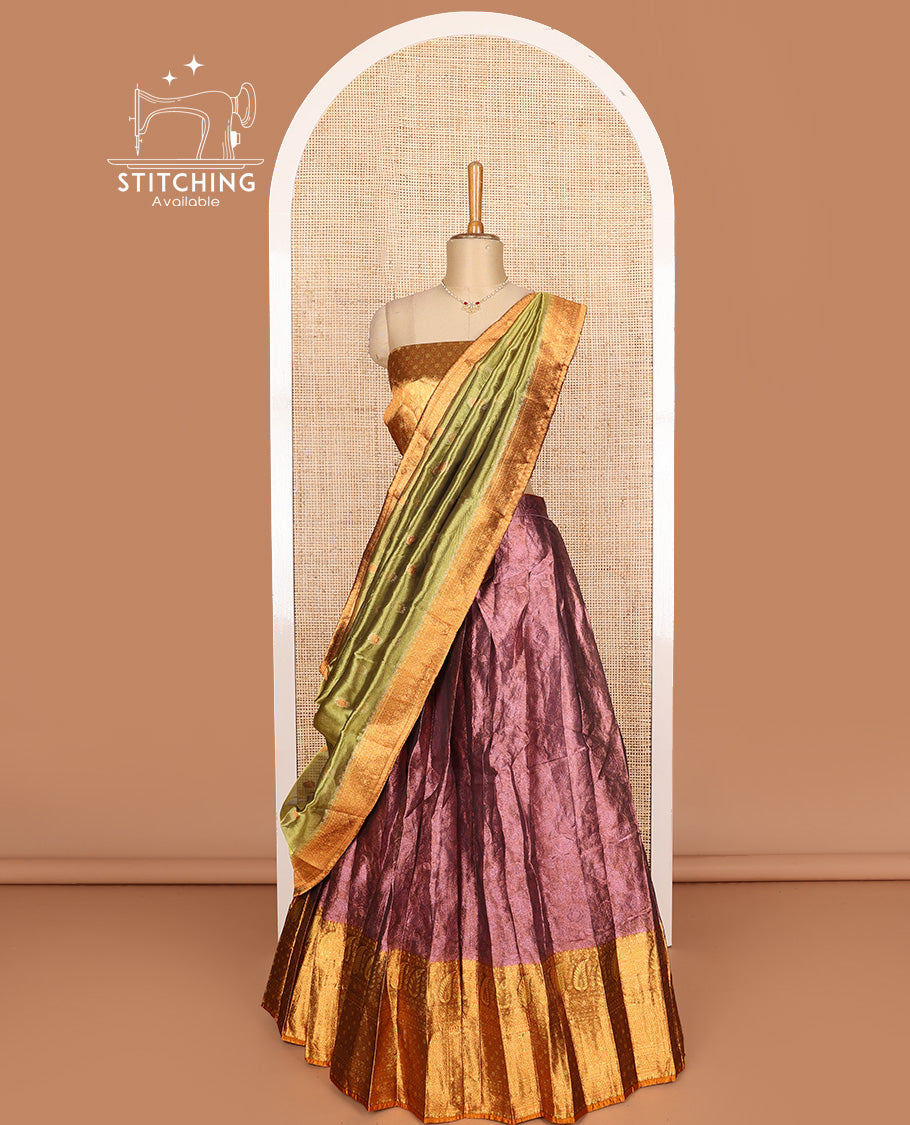 Brown art silk half-saree, sparsely design with contrast traditional motifs bordered skirt, contrast blouse, and traditional motif dhavani