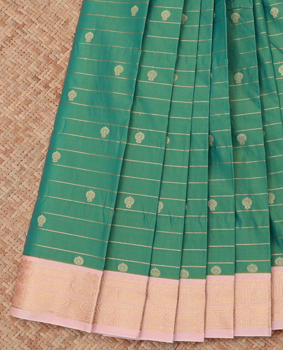 Green Budget Silk Saree, Mesmerized with Zari Buttas and Stripes, a Contrast Traditional Zari Border, Grand Pallu, and a Contrast Blouse