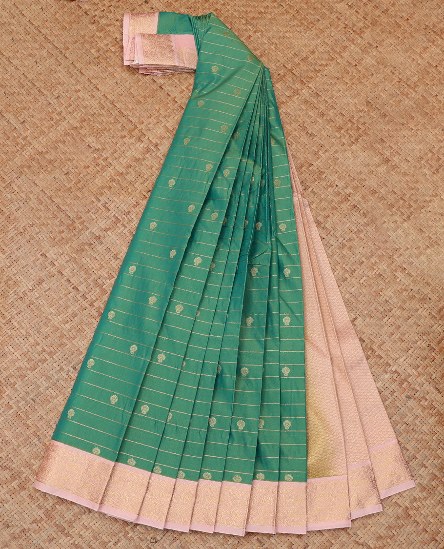 Green Budget Silk Saree, Mesmerized with Zari Buttas and Stripes, a Contrast Traditional Zari Border, Grand Pallu, and a Contrast Blouse