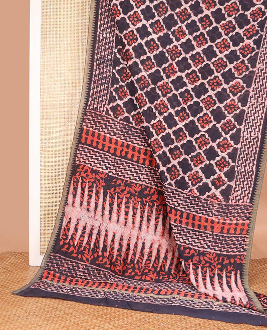 Brown batik style ogee printed mul mul cotton saree, batik printed border, and pallu of geometric print