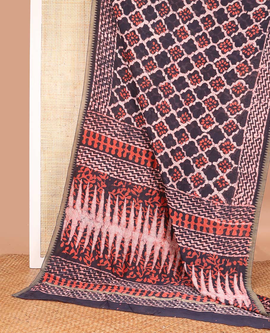 Brown batik style ogee printed mul mul cotton saree, batik printed border, and pallu of geometric print