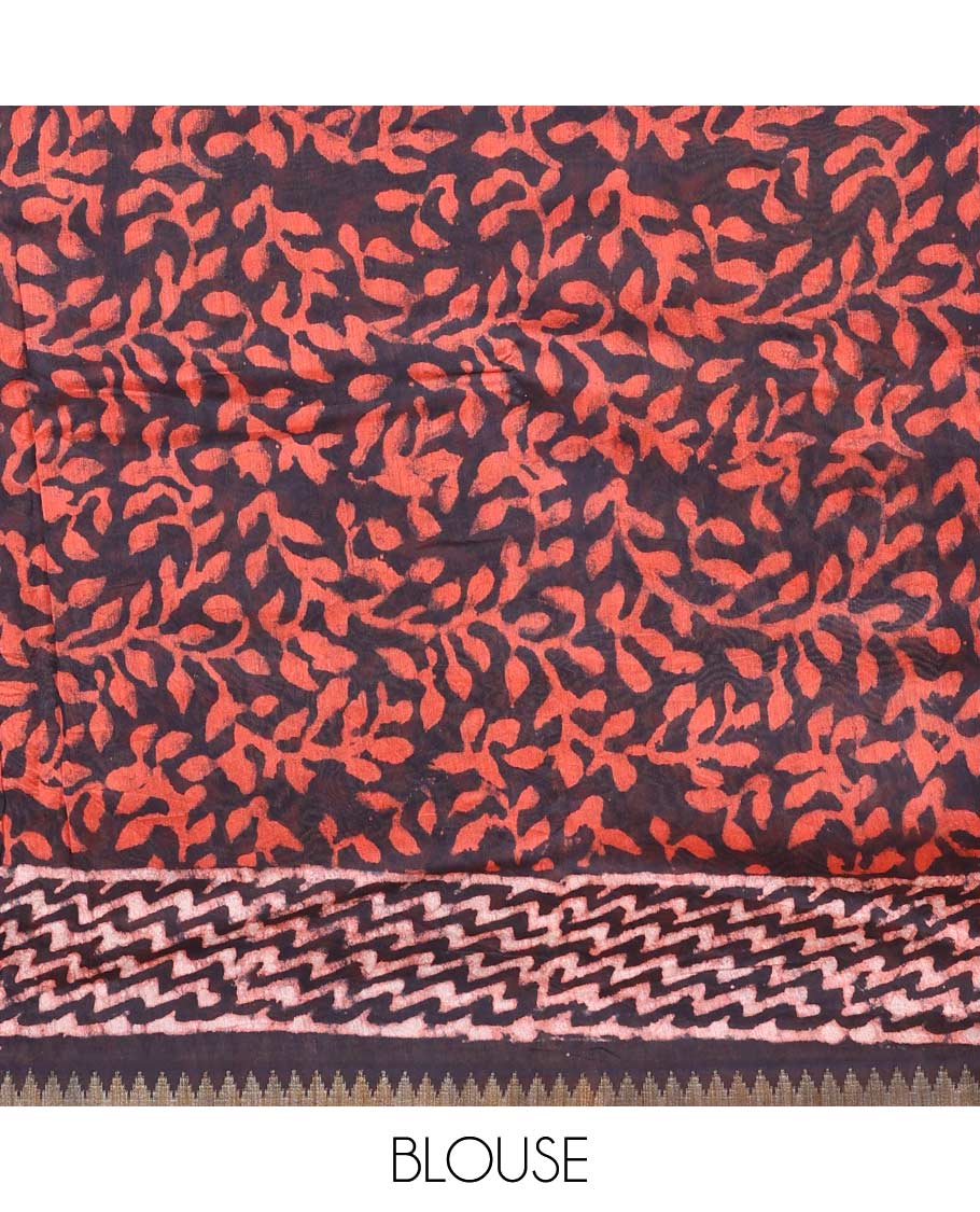 Brown batik style ogee printed mul mul cotton saree, batik printed border, and pallu of geometric print