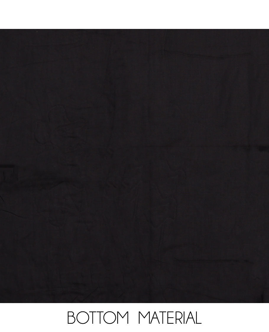 Black material chudidar set, floral printed with French knot embroidered top, plain bottom, and dupatta of stripes and floral print