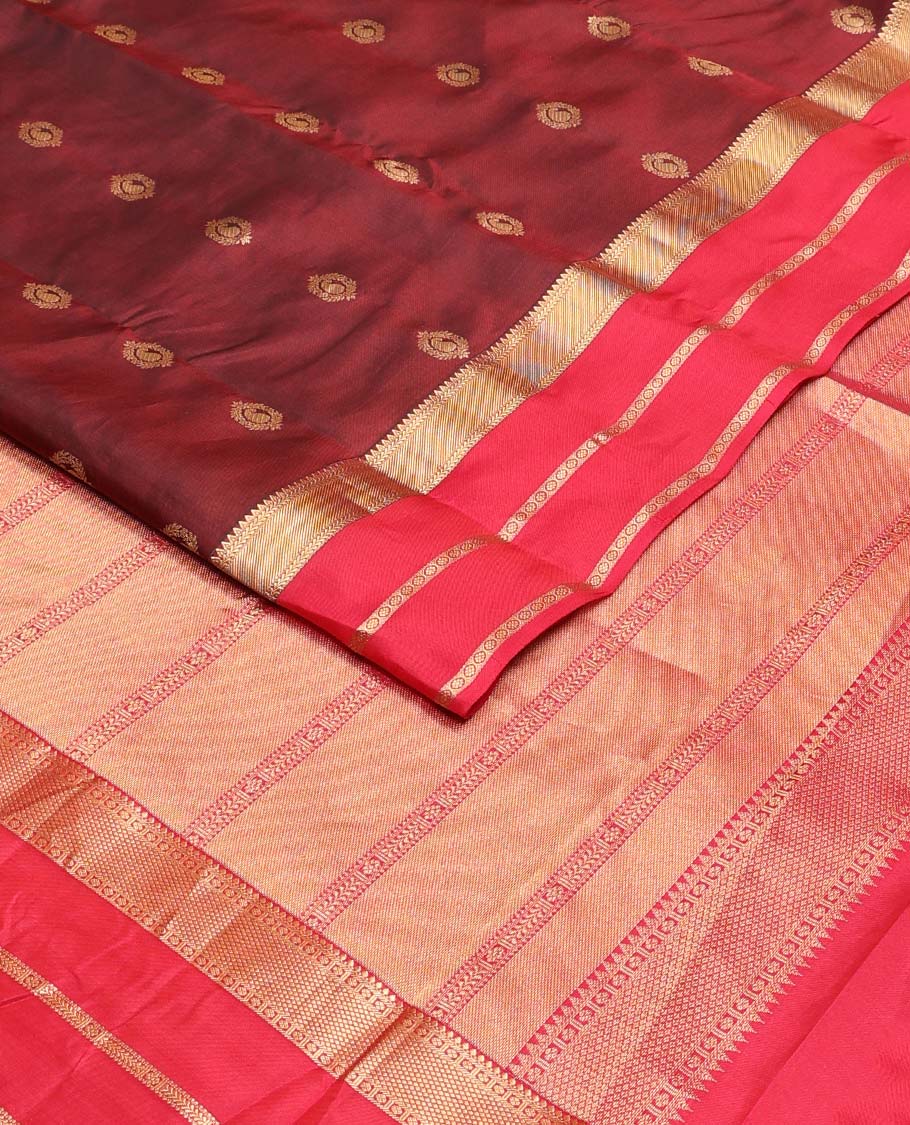 Maroon zari buttas Vasundhara silk mix saree, contrast border of rekku,kathir,zari stripes & kamalam & intricate pallu