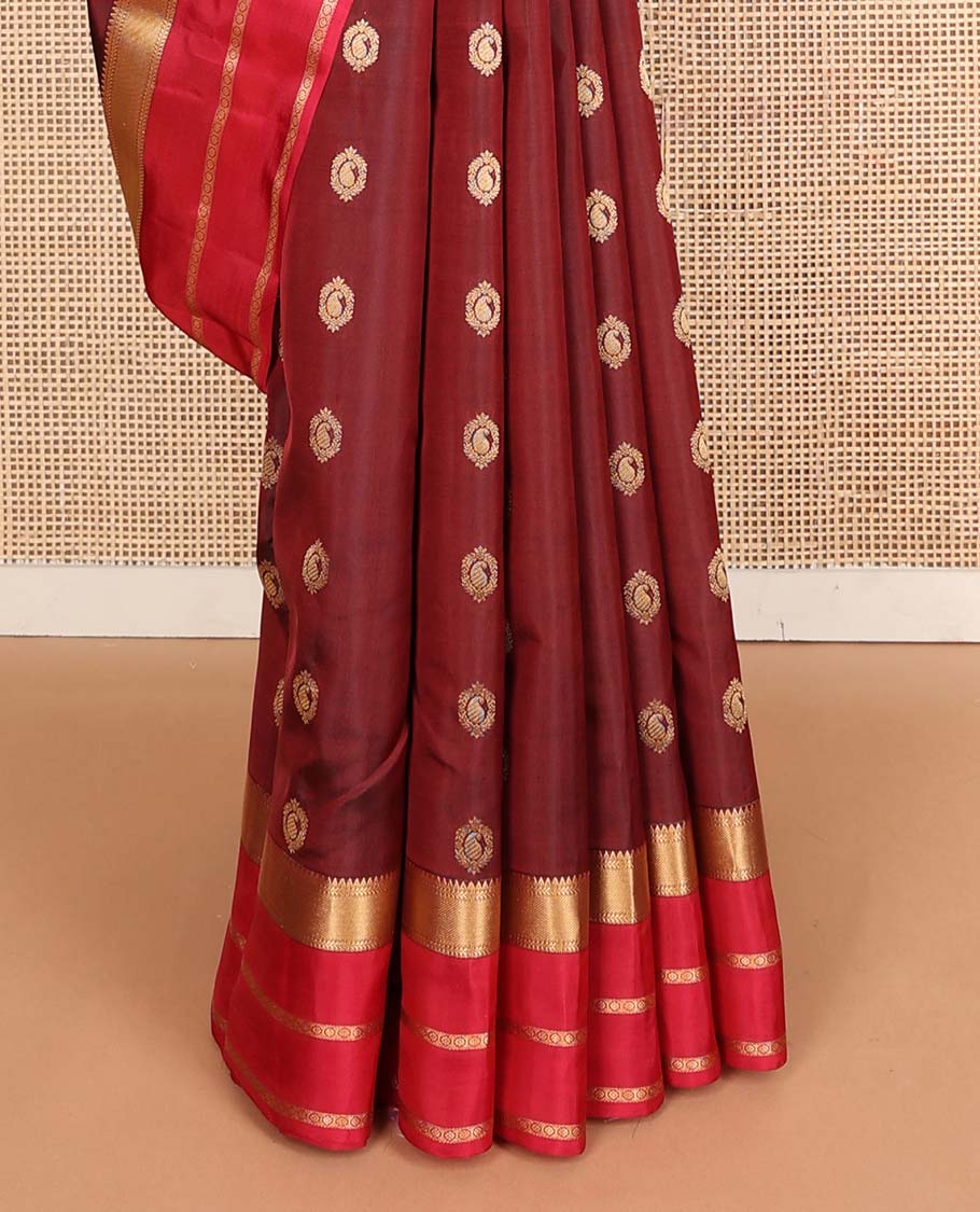 Maroon zari buttas Vasundhara silk mix saree, contrast border of rekku,kathir,zari stripes & kamalam & intricate pallu