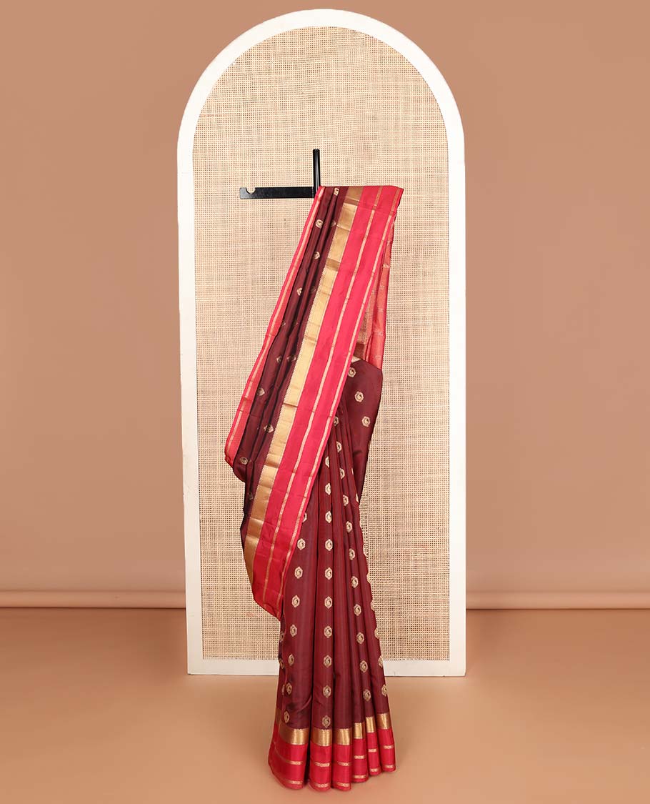 Maroon zari buttas Vasundhara silk mix saree, contrast border of rekku,kathir,zari stripes & kamalam & intricate pallu