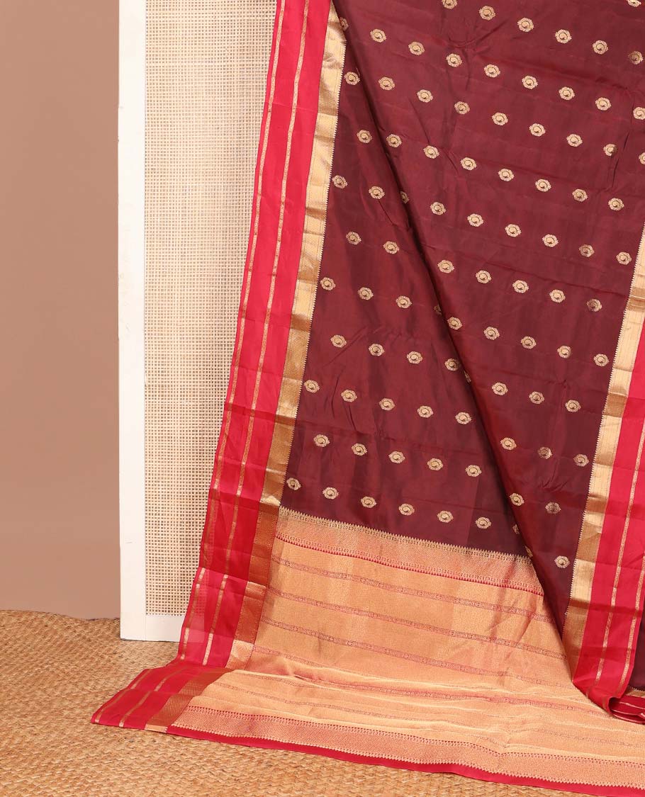 Maroon zari buttas Vasundhara silk mix saree, contrast border of rekku,kathir,zari stripes & kamalam & intricate pallu