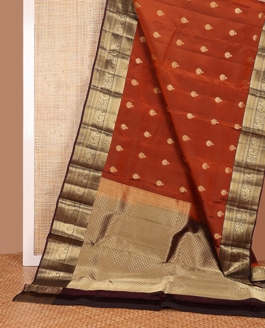 Orange zari buttas Vasundhara silk mix saree, contrast border of thilakam, neli, kathir, kodi visiry, and mayil and jaal pallu