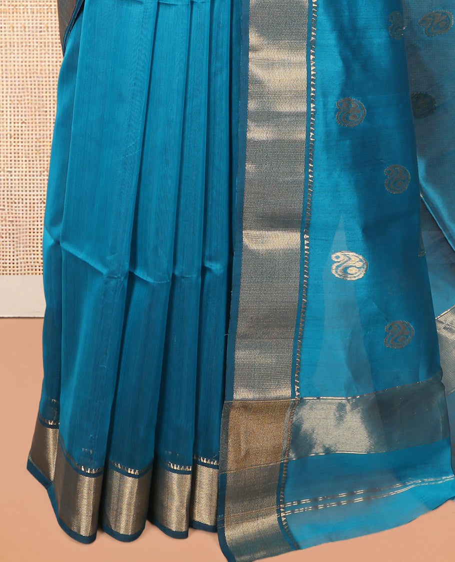 Blue Maheshwari Cotton Saree, Crafted with Zari Buttas, a Traditional Zari Border, Pallu of Paisleys, and a Matching Blouse