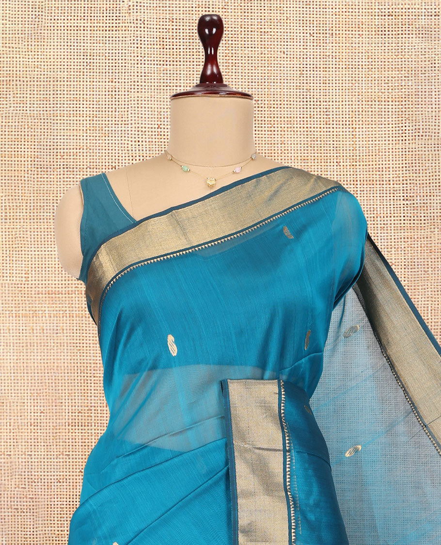 Blue Maheshwari Cotton Saree, Crafted with Zari Buttas, a Traditional Zari Border, Pallu of Paisleys, and a Matching Blouse