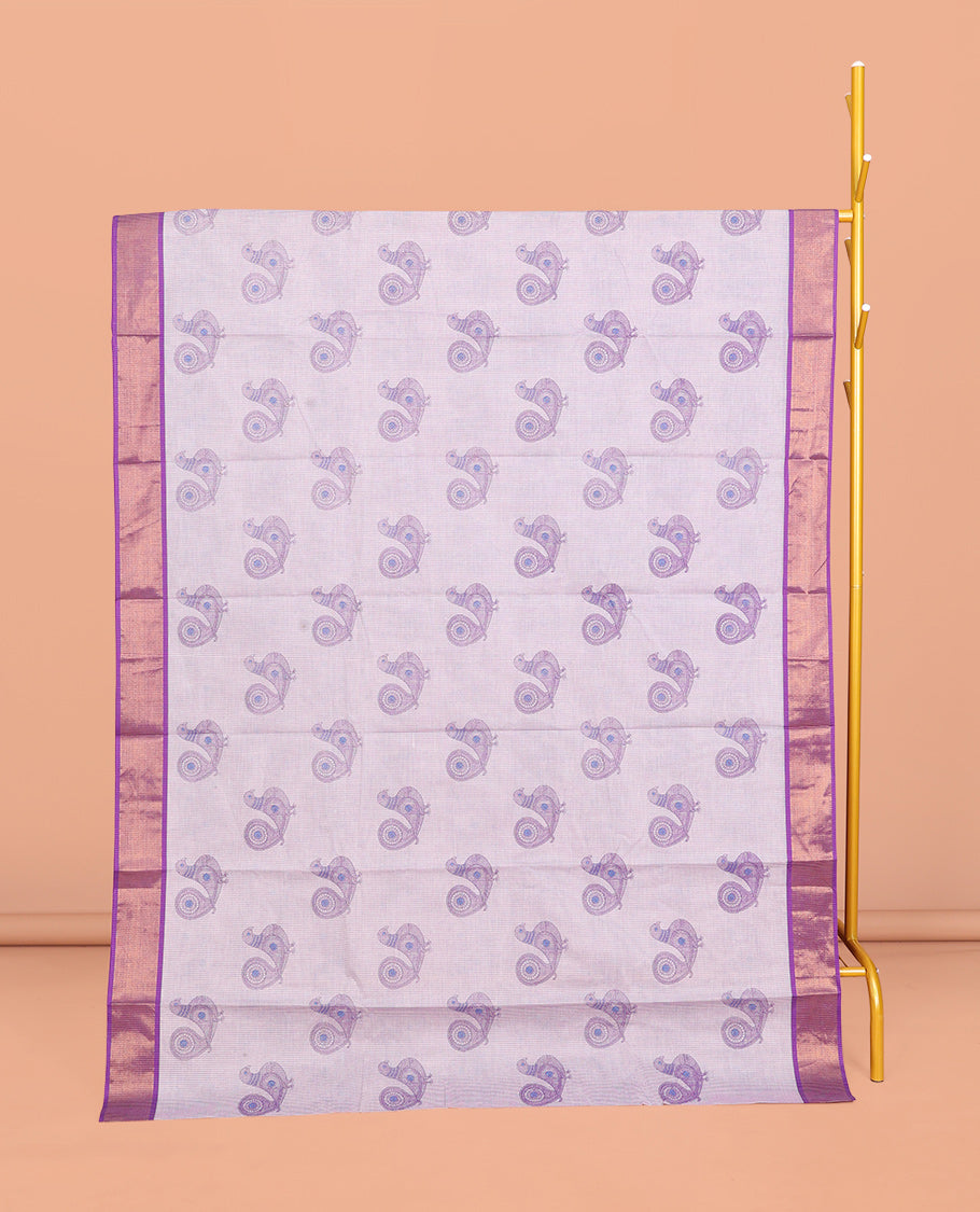 Light Lavender Andhra Cotton Saree, Adorned with Bird Motifs Print, a Contrast Zari Border, a Pallu of Bird-Print, and a Matching Blouse