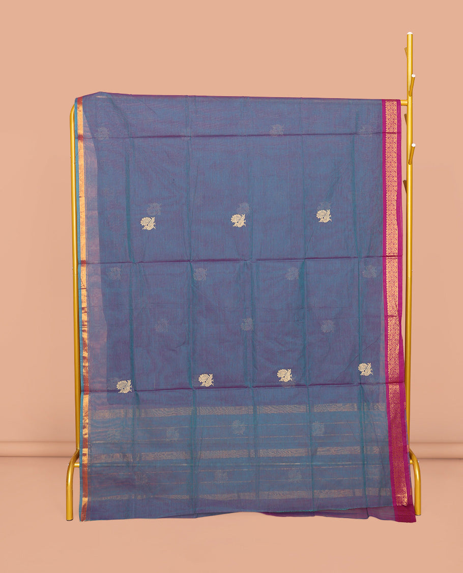 Grey Venkatagiri Cotton Saree, Enriched with Peacock Buttas, a Contrast Zari Border, Pallu of Buttas and Stripes, and No Blouse