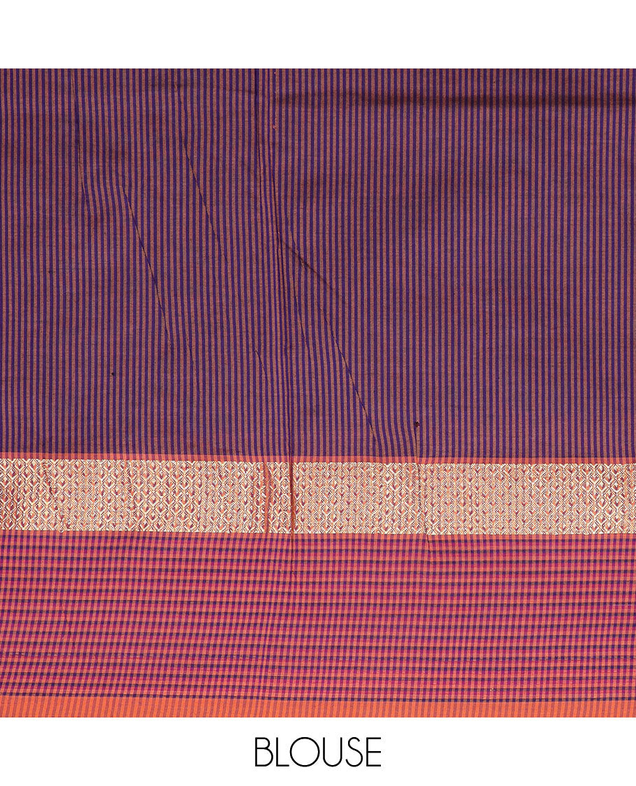 Brown plain design poly cotton saree, contrast traditional zari border of stripes & striped pallu
