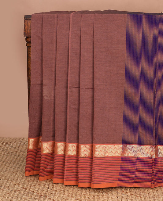 Brown plain design poly cotton saree, contrast traditional zari border of stripes & striped pallu
