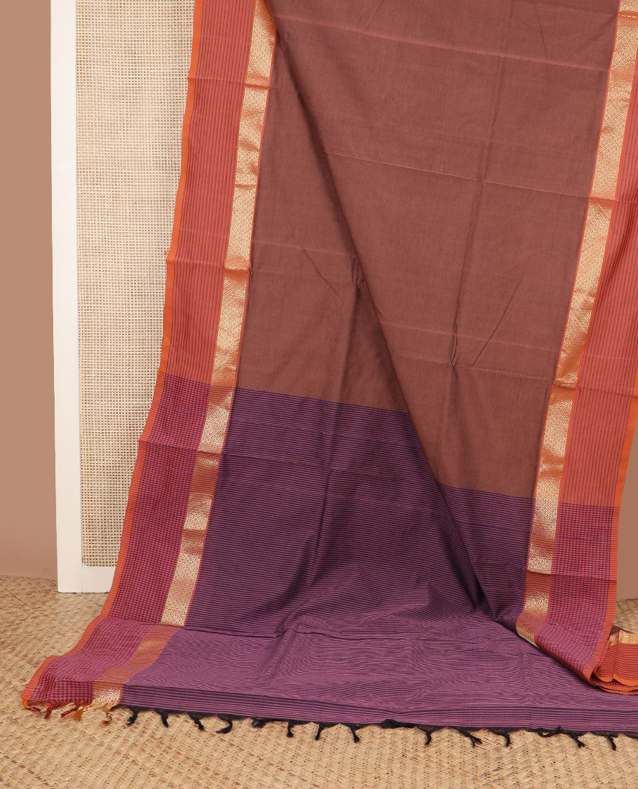Brown plain design poly cotton saree, contrast traditional zari border of stripes & striped pallu