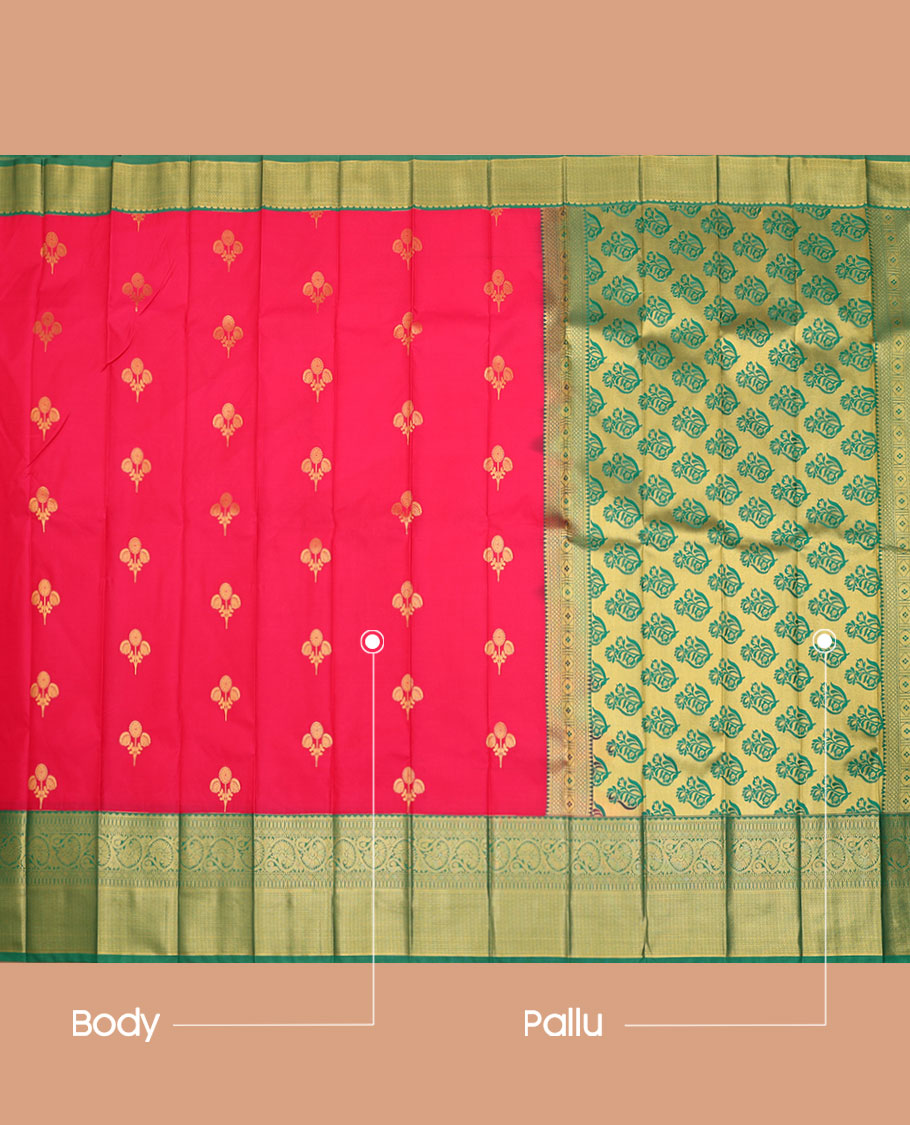 Red Budget Silk Saree, Adorned with Floral Buttas All Over Its Body, Complemented by a Contrast Traditional Zari Design Border, Pallu Steeped with Floral Designs, and Paired with a Contrast Blouse