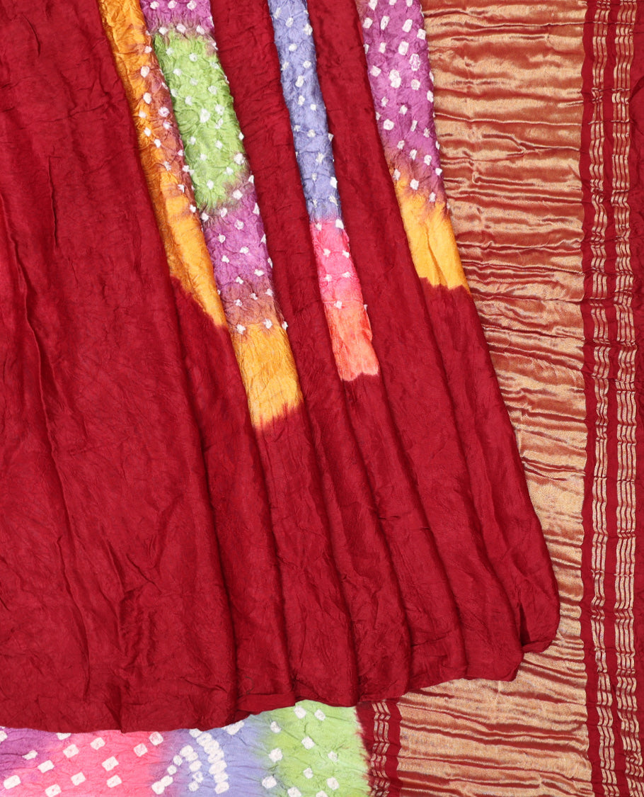 Borderless Red-Base Bandhani Dola Silk Saree
