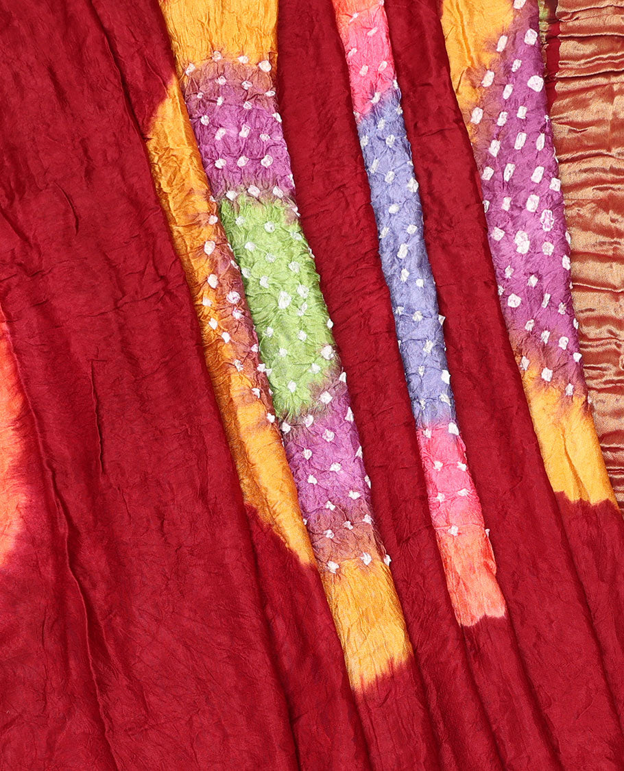 Borderless Red-Base Bandhani Dola Silk Saree