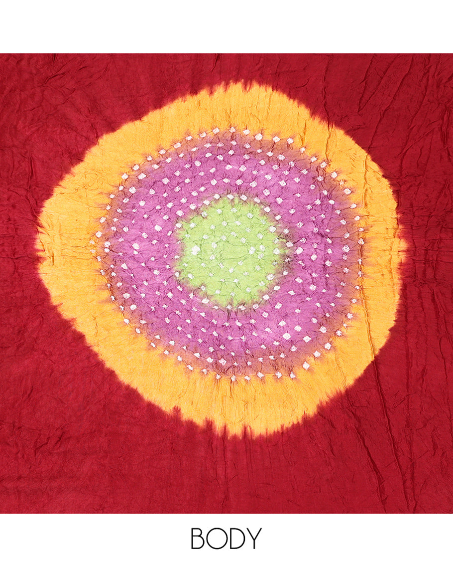 Borderless Red-Base Bandhani Dola Silk Saree