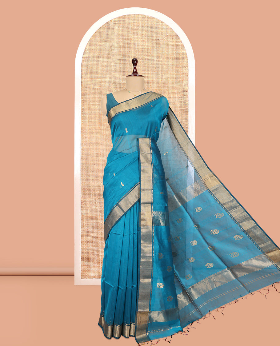 Blue Maheshwari Cotton Saree, Crafted with Zari Buttas, a Traditional Zari Border, Pallu of Paisleys, and a Matching Blouse