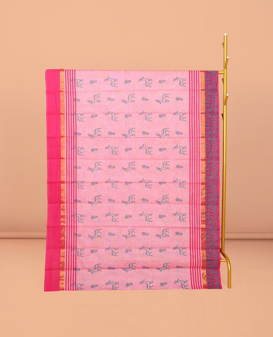 Pink Chirala Cotton Saree, Bedecked with Floral and Deer Motifs, a Contrast Deer Motifs Border, Striped Pallu, and a Matching Blouse