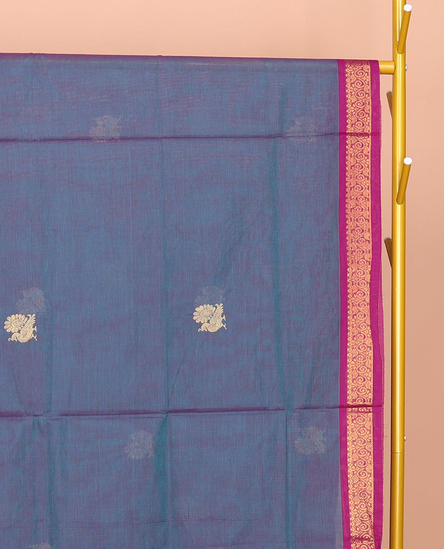 Grey Venkatagiri Cotton Saree, Enriched with Peacock Buttas, a Contrast Zari Border, Pallu of Buttas and Stripes, and No Blouse