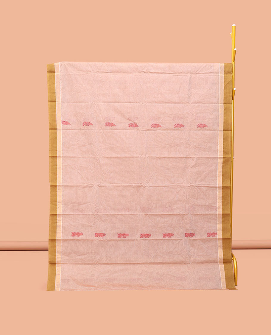 Sandal Kanchi Cotton Saree, Bedecked with Buttas, Complemented by a Contrast Border, Floral Pallu, and a Matching Blouse