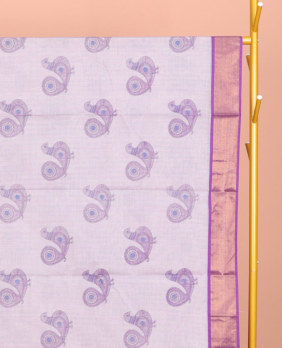 Light Lavender Andhra Cotton Saree, Adorned with Bird Motifs Print, a Contrast Zari Border, a Pallu of Bird-Print, and a Matching Blouse