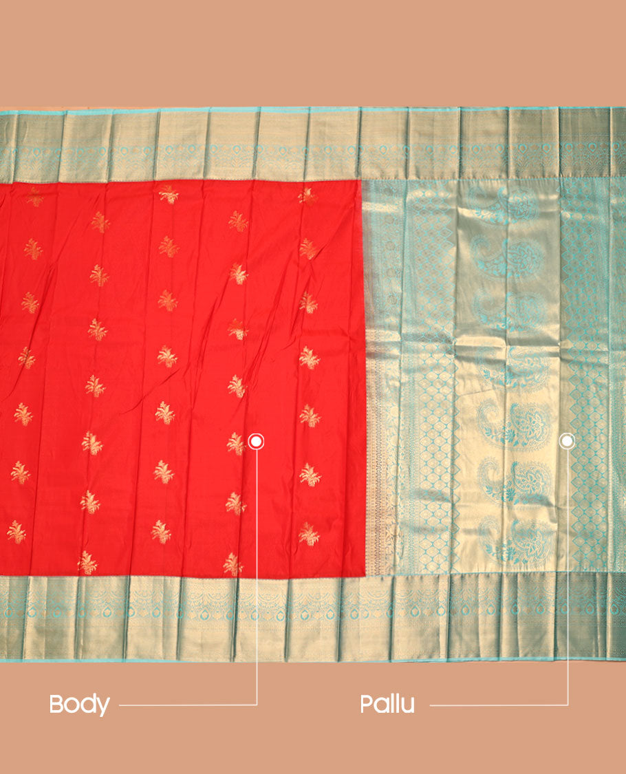 Red Budget Silk Saree, Delicately Woven Zari Buttas, Complemented by Contrast Traditional Zari Border, a Grand Pallu and a Contrast Blouse