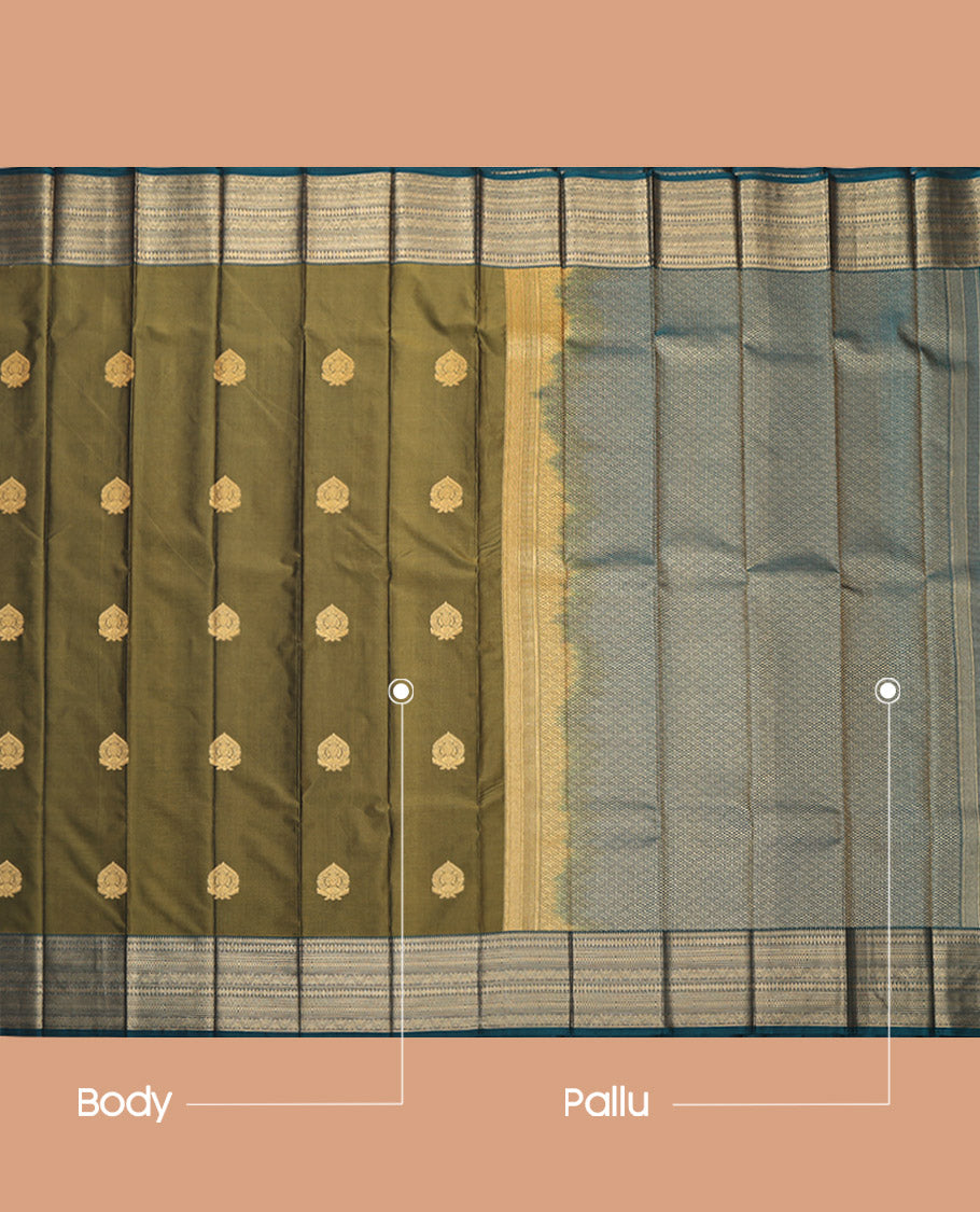 Green Budget Silk Saree, Embellished with Zari Buttas, Complemented by a Contrast Traditional Zari Border, Jaal Pallu, and a Contrast Blouse