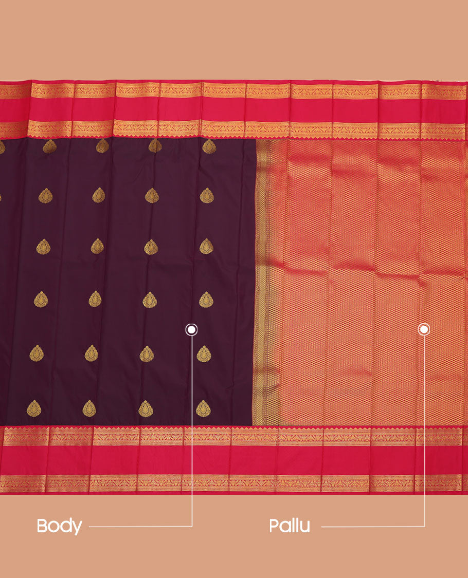 Purple Budget Silk Saree, Embellished with Zari Buttas All Over Its Body, Complemented by a Contrast Traditional Design Rettai Pettu Border, Grand Jaal Pallu, and Paired with a Contrast Blouse
