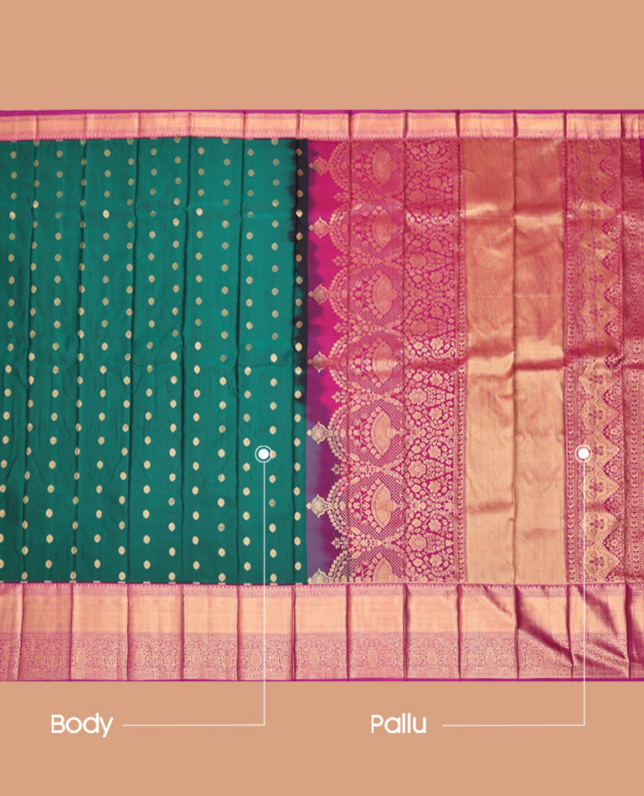 Green Budget Silk Saree, Woven with Zari Buttas, Captivating Contrast Traditional Zari Design Border, Pallu of Intricate Design, and Has a Contrast Blouse