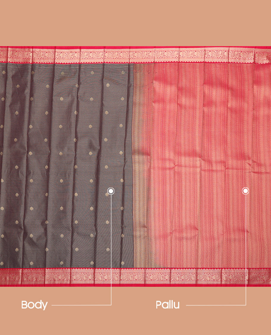 Brown Budget Silk Saree, Boldly Accentuated with Zari Buttas and Checks, Complemented by a Contrast Traditional Zari Border, Geometric Pallu, and Contrast Blouse