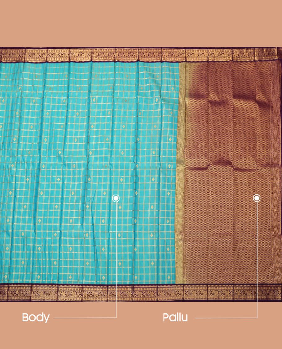 Blue Budget Silk Saree, Adorned with Buttas and Checks, Complemented by a Contrast Traditional Zari Border, Jaal Pallu, and Contrast Blouse