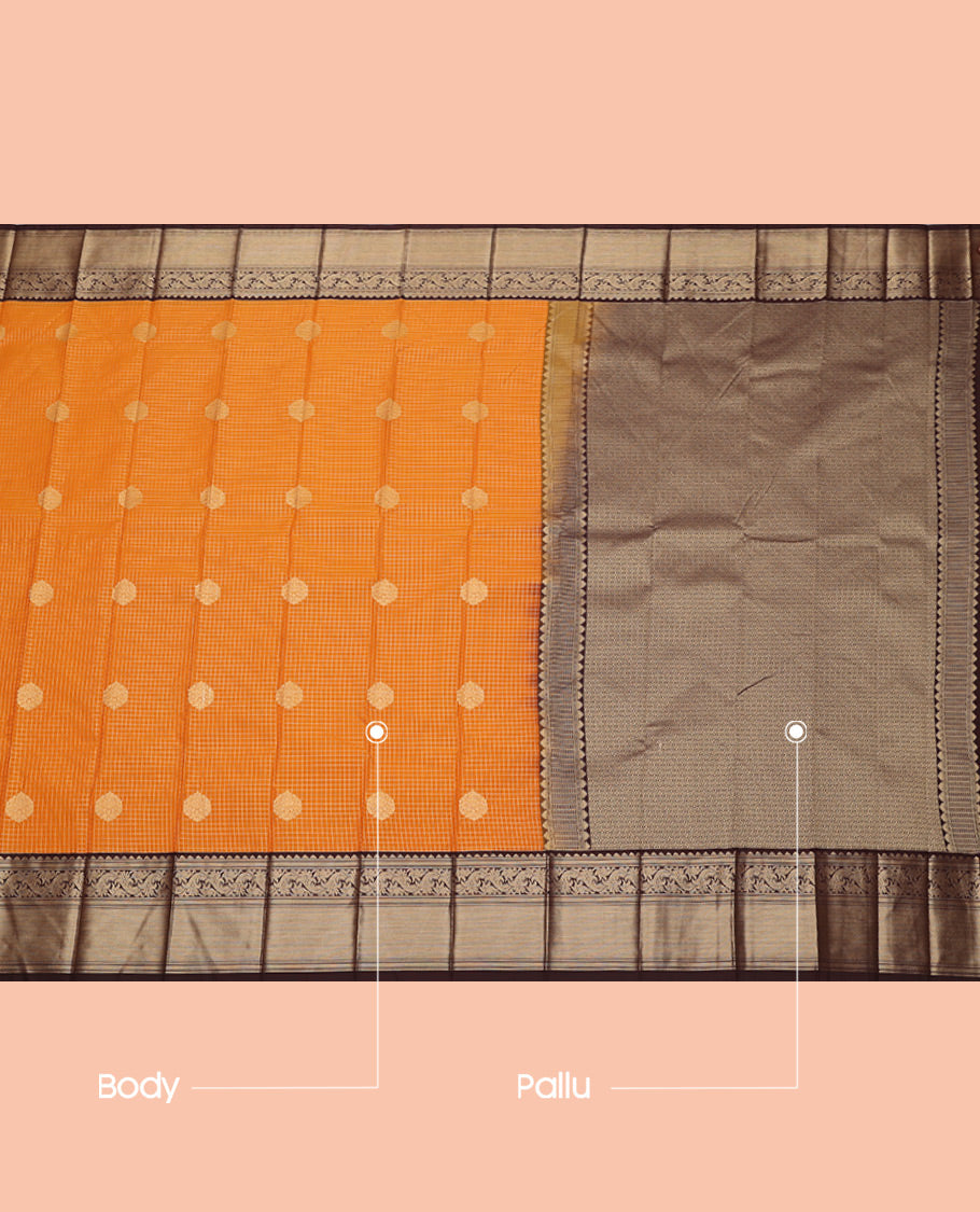 Orange Budget Silk Saree, Detailed with Zari Buttas and Checks, Complemented by a Contrast Traditional Zari Border, Jaal Pallu, and Contrast Blouse