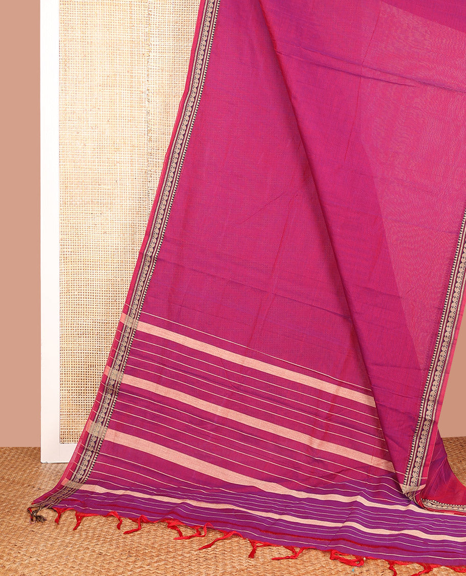 Magenta Plain Narayanpet Cotton Saree, Adorned with Traditional Motifs Thread Woven Border, Subtly Striped Pallu, and Paired with a Matching Blouse