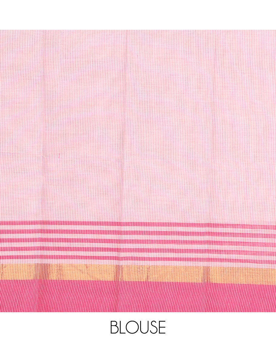 Pink Chirala Cotton Saree, Bedecked with Floral and Deer Motifs, a Contrast Deer Motifs Border, Striped Pallu, and a Matching Blouse