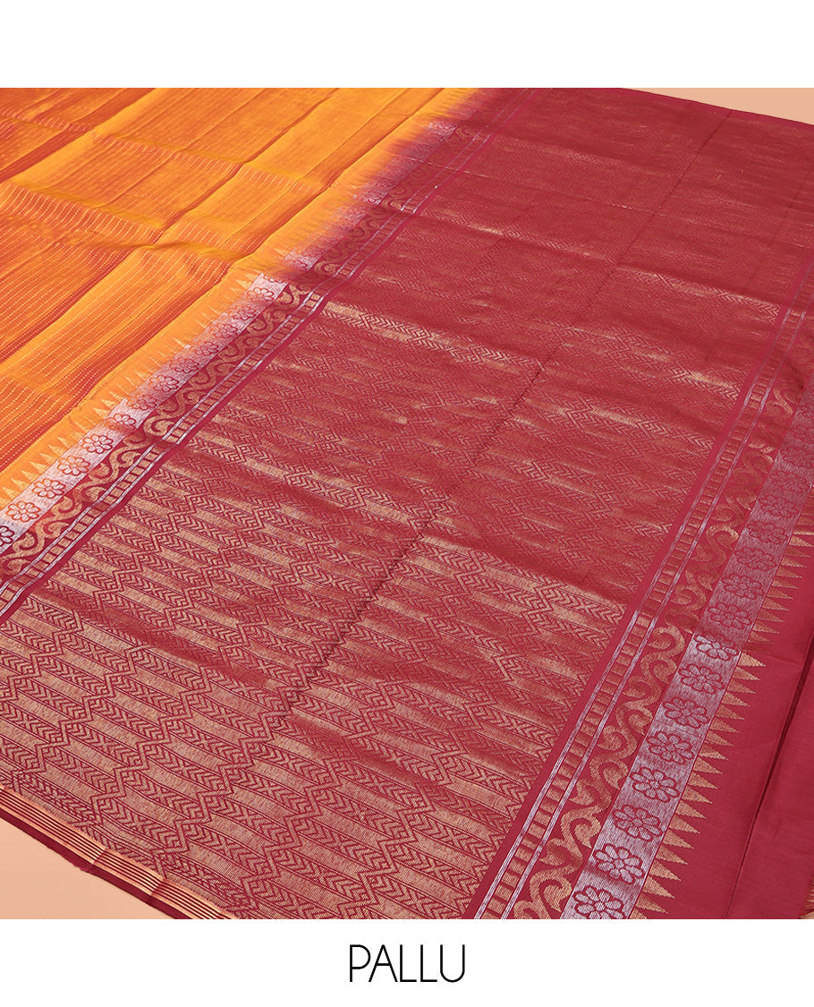 Orange Mayuri Lite Silk Mix Saree, Beautified with Muthu Stripes All Over Its Body, Complemented by a Contrast Border of Yaanai Designs, Pallu of Intricate Designs, and Paired with a Contrast Blouse
