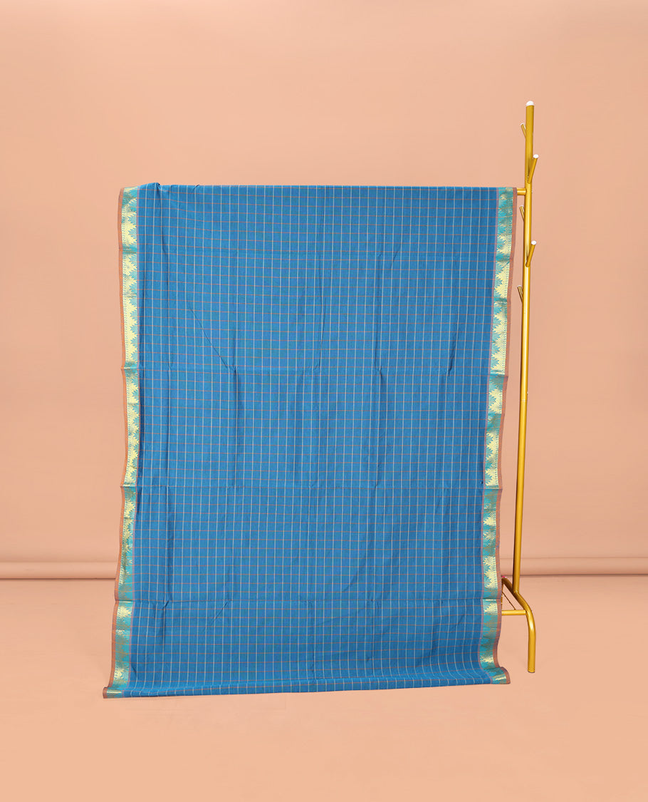 Blue Checked Poly Cotton Saree, Complemented by Contrast Temple Zari Border, Pallu of Stripes, and Paired with a Contrast Blouse